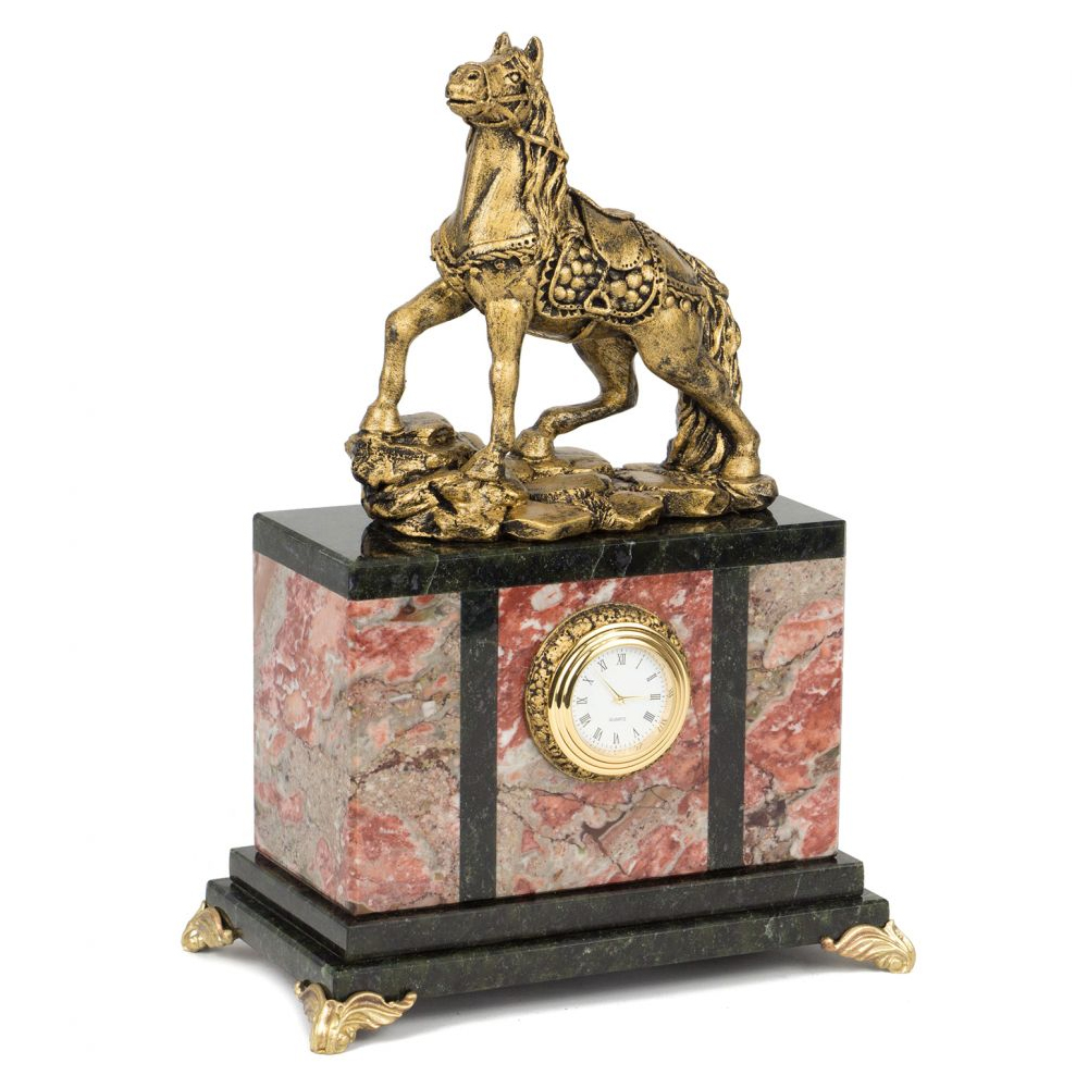 Часы настольные из натурального камня с декором в виде коня Horse Stone Clock