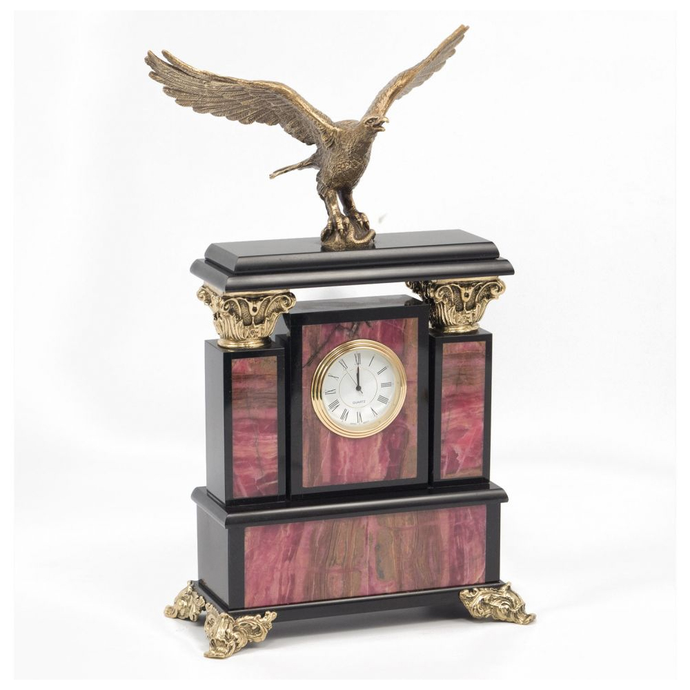 Часы настольные из родонита и бронзы с декором в виде орла Eagle Stone Clock
