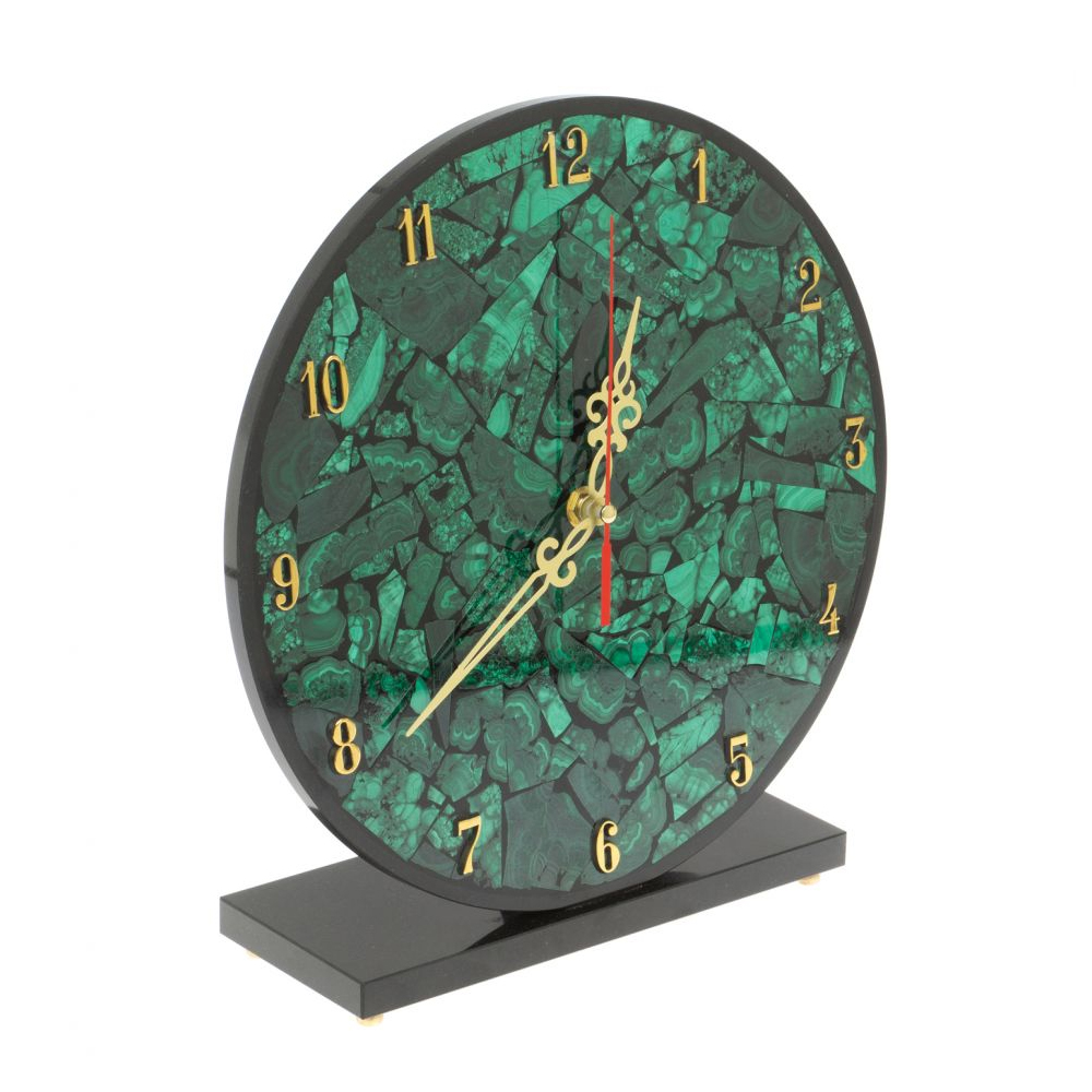 Часы настольные круглые из натурального камня Малахит Round Stone Clock