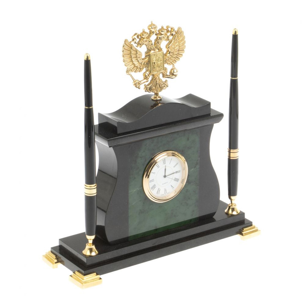 Часы настольные с Гербом России и 2-мя шариковыми ручками в комплекте Stone Clock
