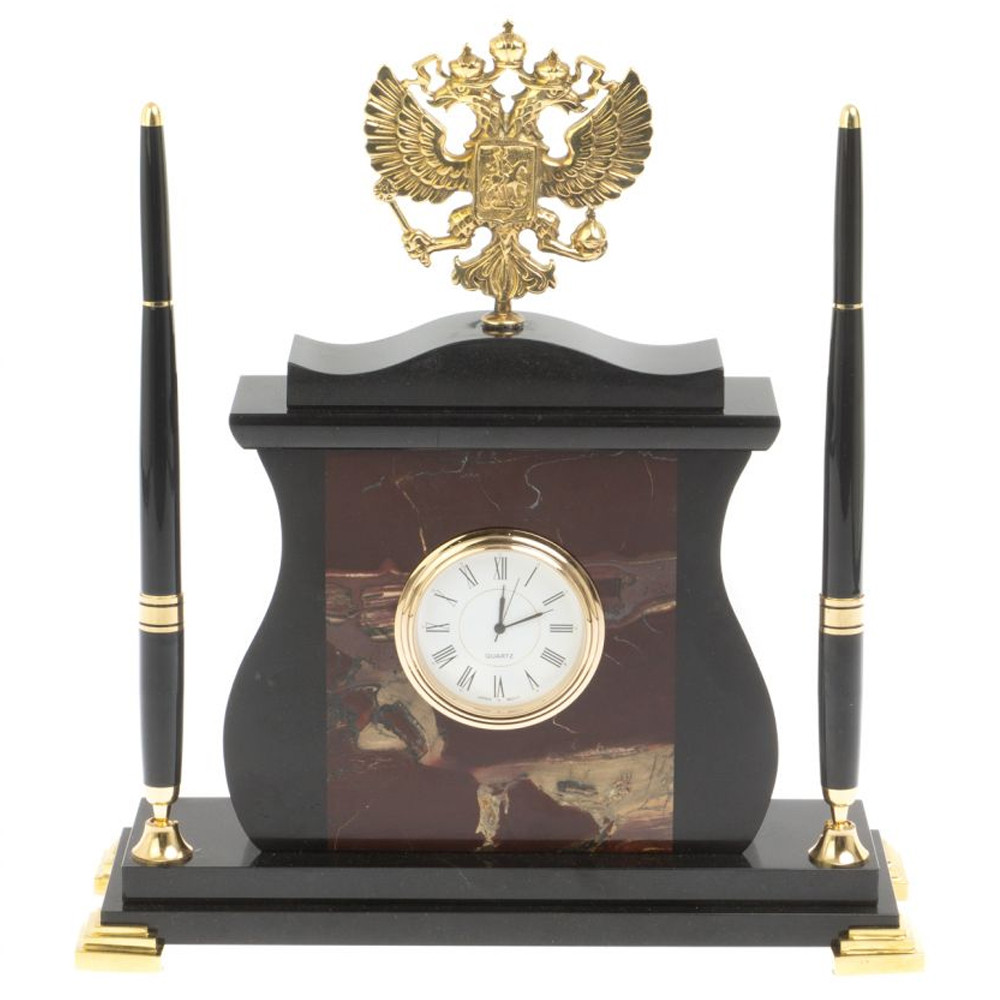 Часы настольные с Гербом России и 2-мя шариковыми ручками в комплекте Stone Clock