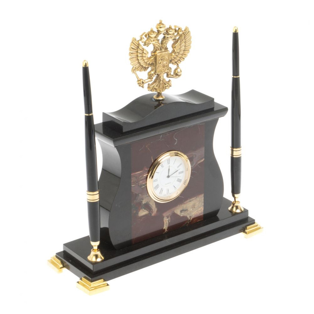 Часы настольные с Гербом России и 2-мя шариковыми ручками в комплекте Stone Clock