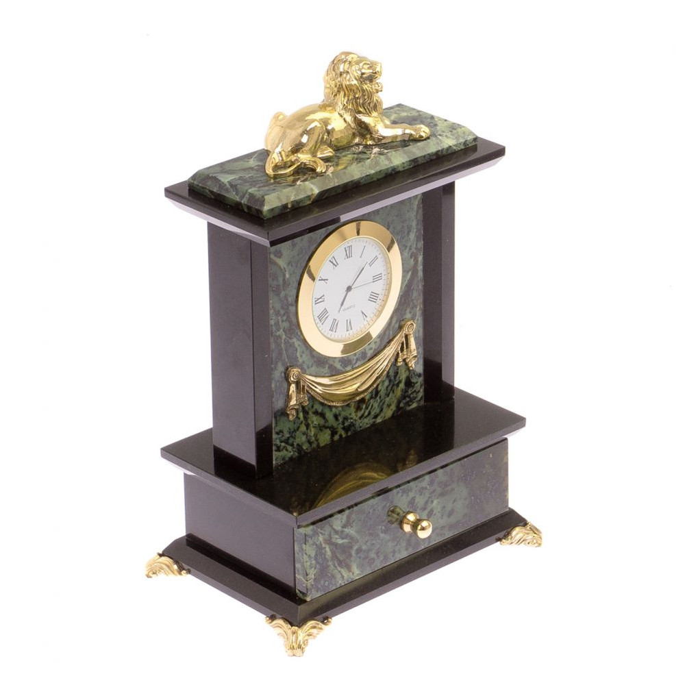 Часы настольные с декором в виде льва из натурального камня Нефрит Lion Stone Clock