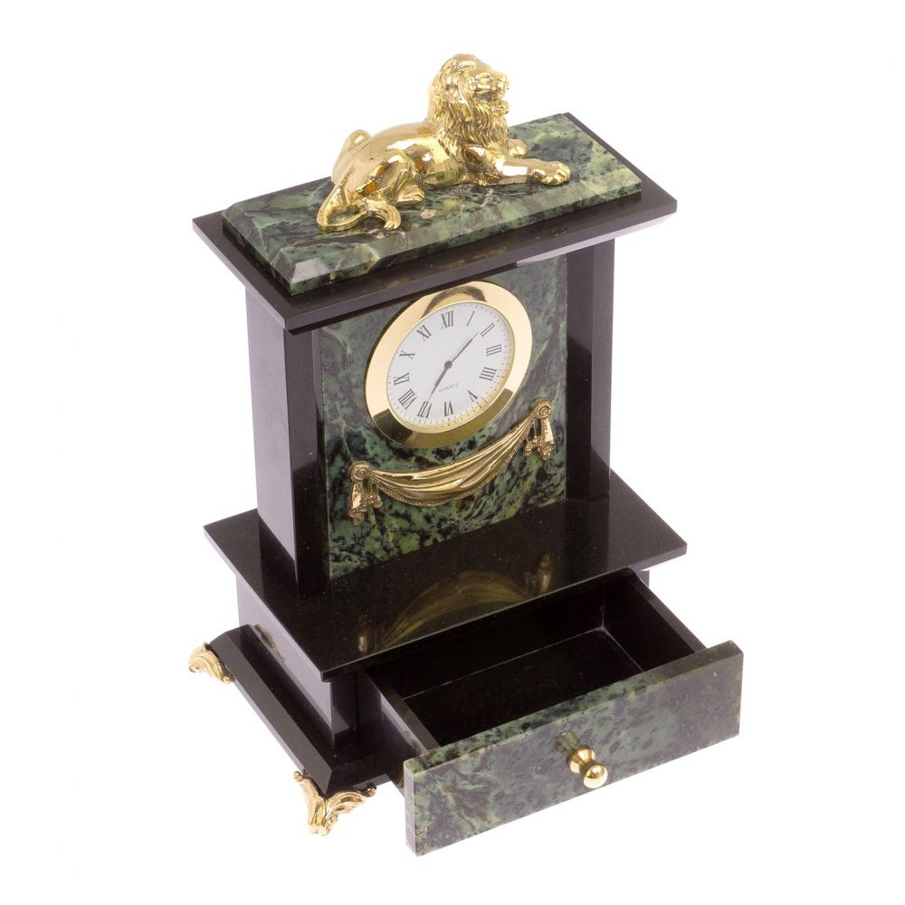 Часы настольные с декором в виде льва из натурального камня Нефрит Lion Stone Clock