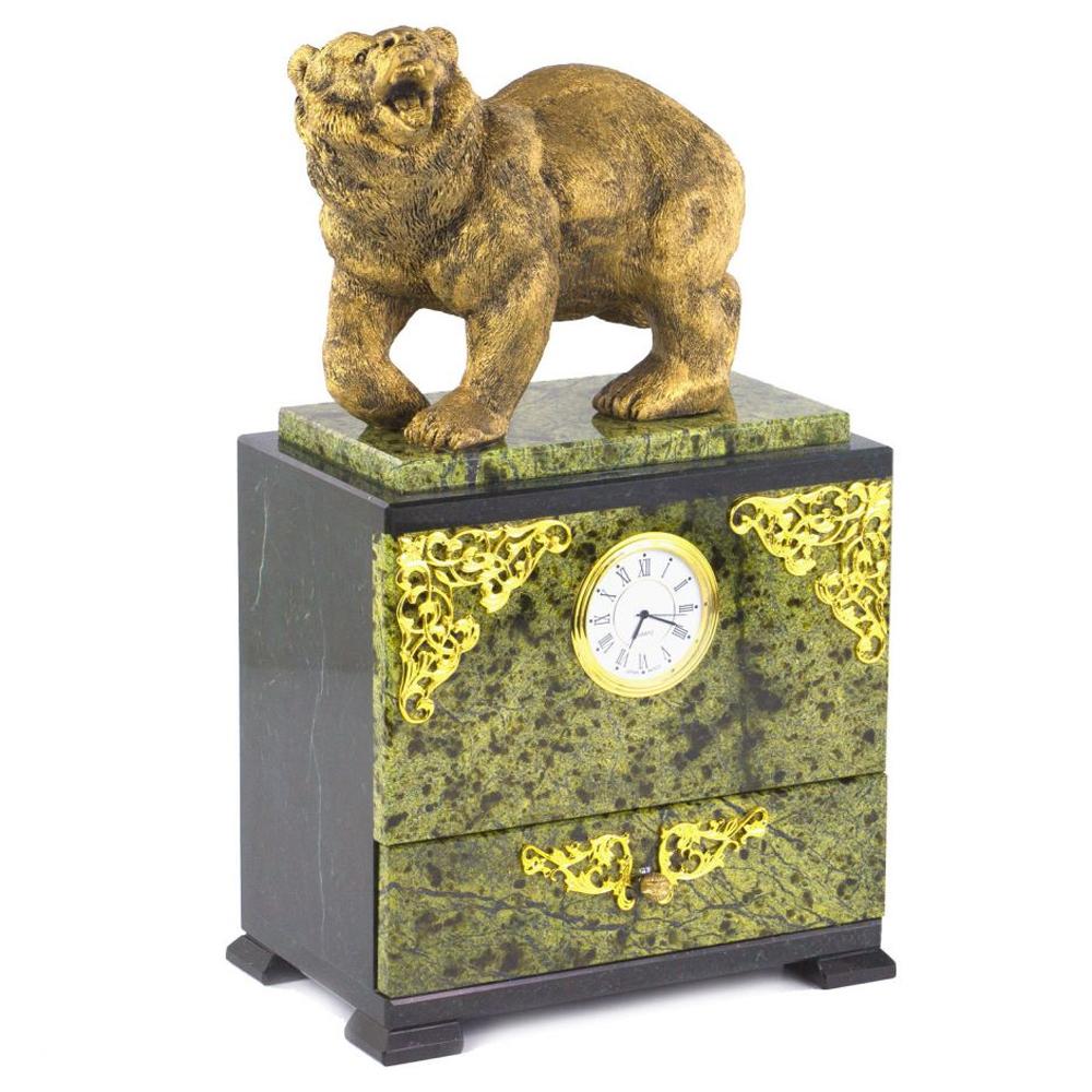 Часы настольные с декором в виде медведя и выдвижным ящиком из натурального камня Змеевик Bear Stone Clock