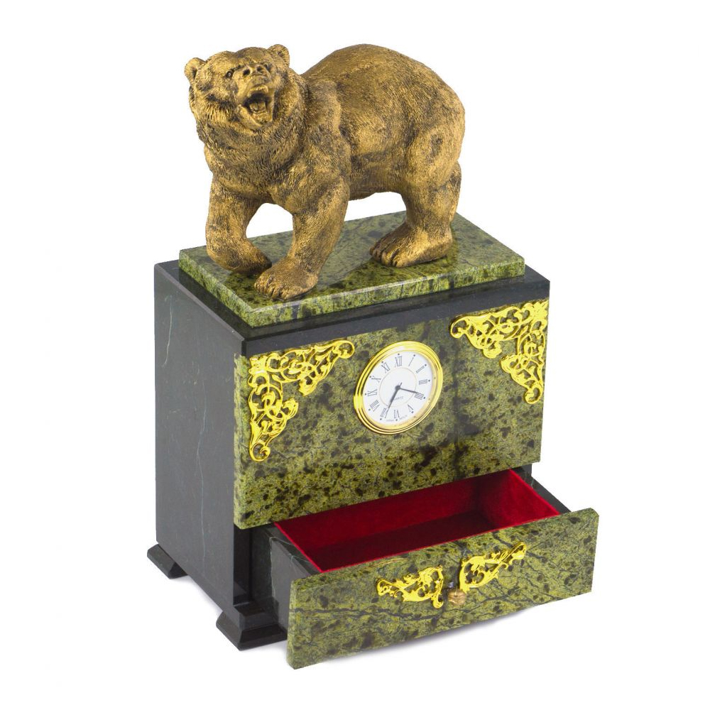 Часы настольные с декором в виде медведя и выдвижным ящиком из натурального камня Змеевик Bear Stone Clock