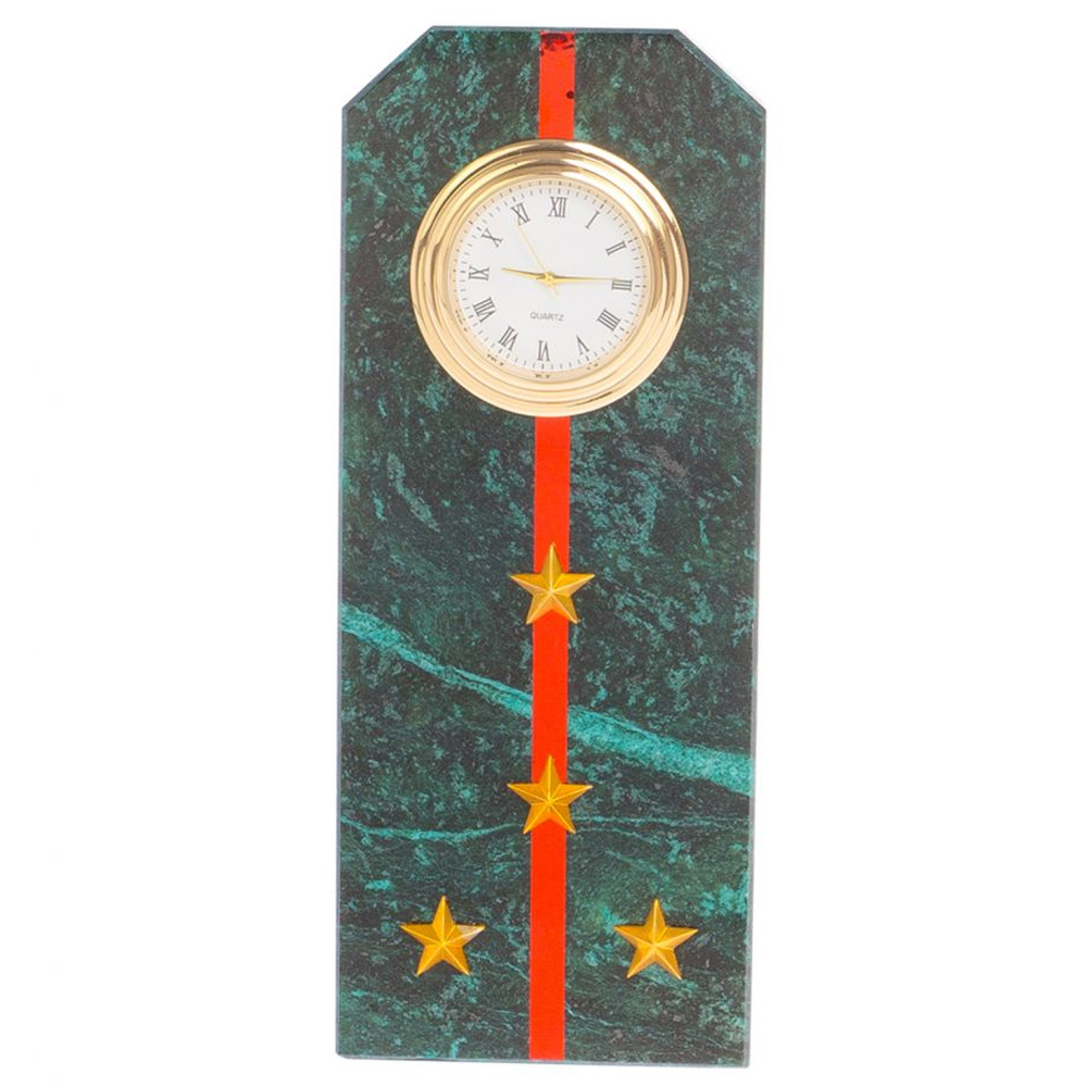 Часы погон ВС подарочные настольные из натурального камня Змеевик Military Clock