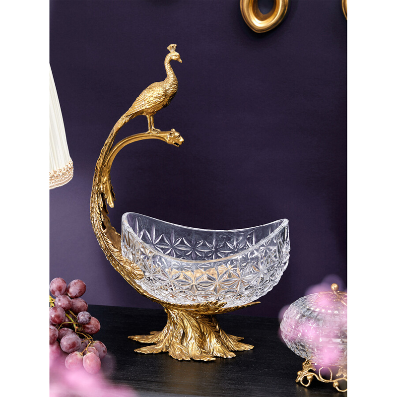 Чаша из прозрачного стекла на бронзовой подставке в виде павлина с рельефным хвостом Eden Garden