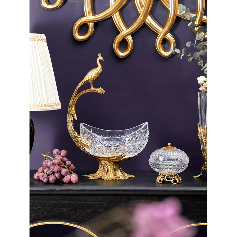 Чаша из прозрачного стекла на бронзовой подставке в виде павлина с рельефным хвостом Eden Garden