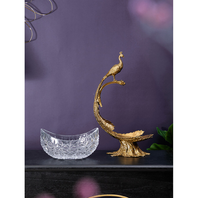Чаша из прозрачного стекла на бронзовой подставке в виде павлина с рельефным хвостом Eden Garden