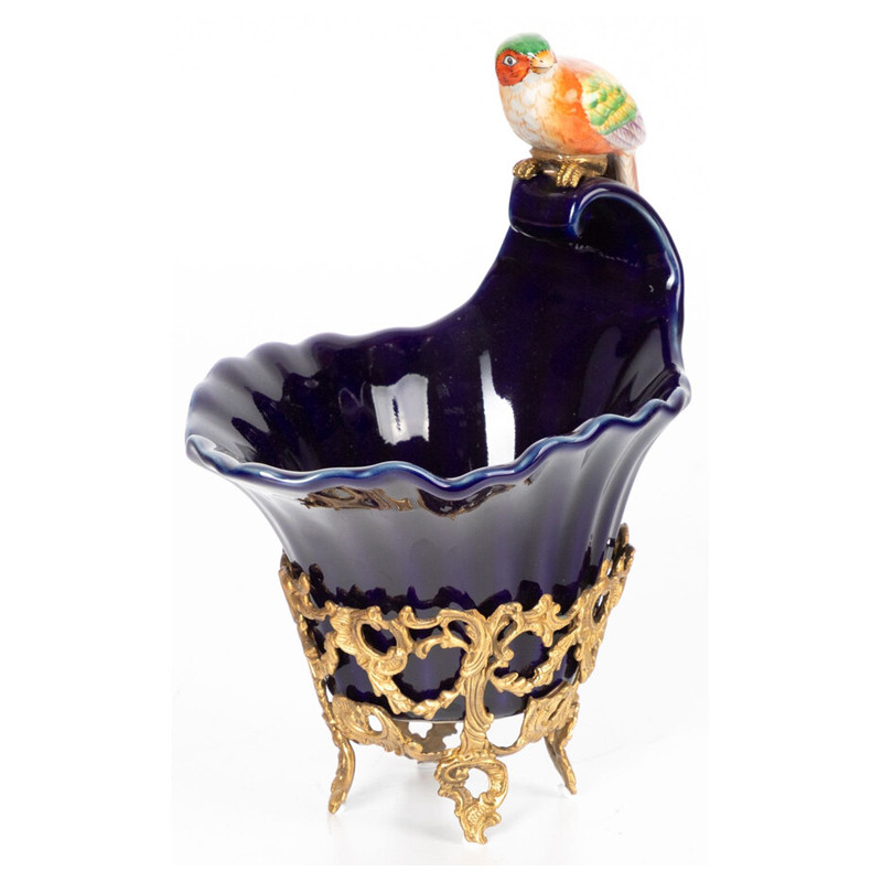 Чаша темно-синего цвета из фарфора с разноцветной птичкой Eden Garden porcelain and bronze