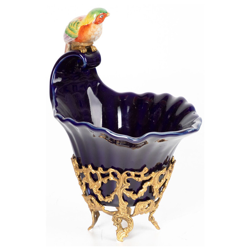 Чаша темно-синего цвета из фарфора с разноцветной птичкой Eden Garden porcelain and bronze