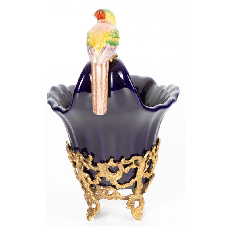Чаша темно-синего цвета из фарфора с разноцветной птичкой Eden Garden porcelain and bronze