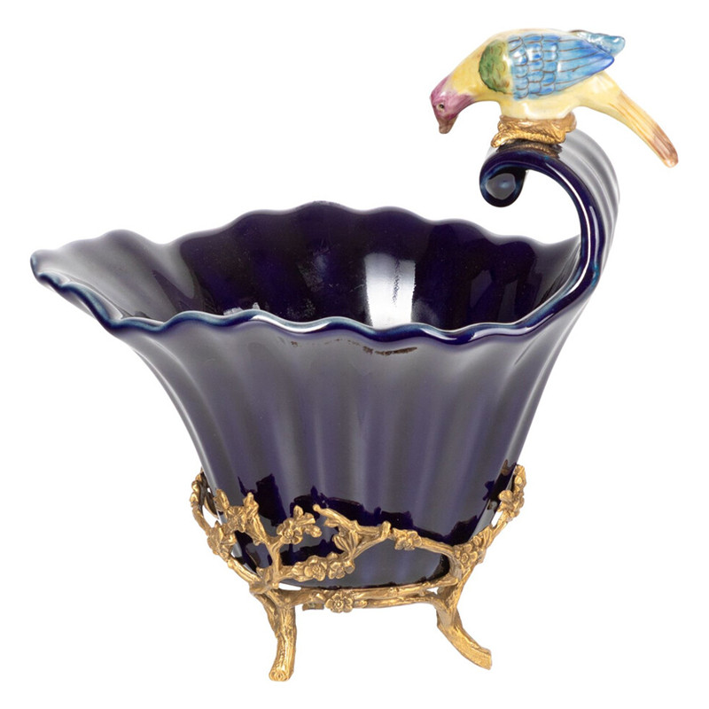 Чаша темно-синего цвета из фарфора с разноцветной птичкой Eden Garden porcelain and bronze