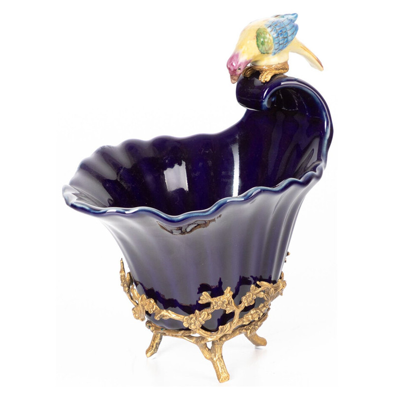 Чаша темно-синего цвета из фарфора с разноцветной птичкой Eden Garden porcelain and bronze