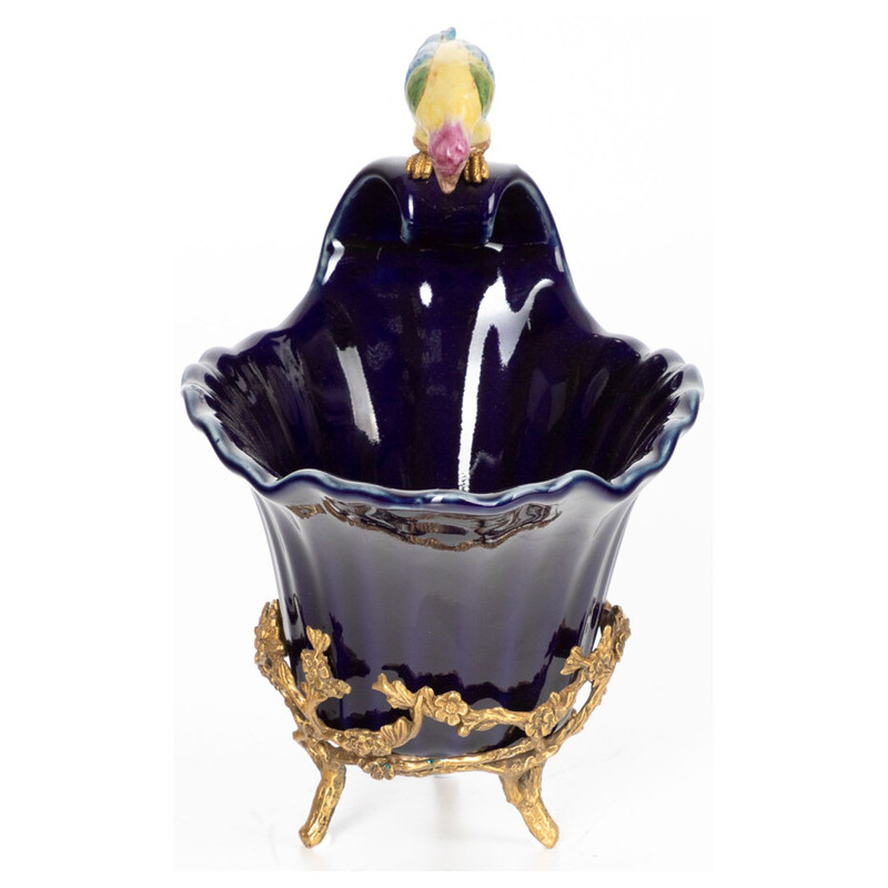 Чаша темно-синего цвета из фарфора с разноцветной птичкой Eden Garden porcelain and bronze