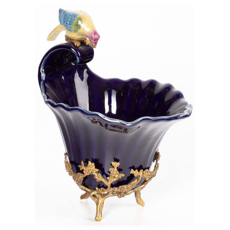 Чаша темно-синего цвета из фарфора с разноцветной птичкой Eden Garden porcelain and bronze