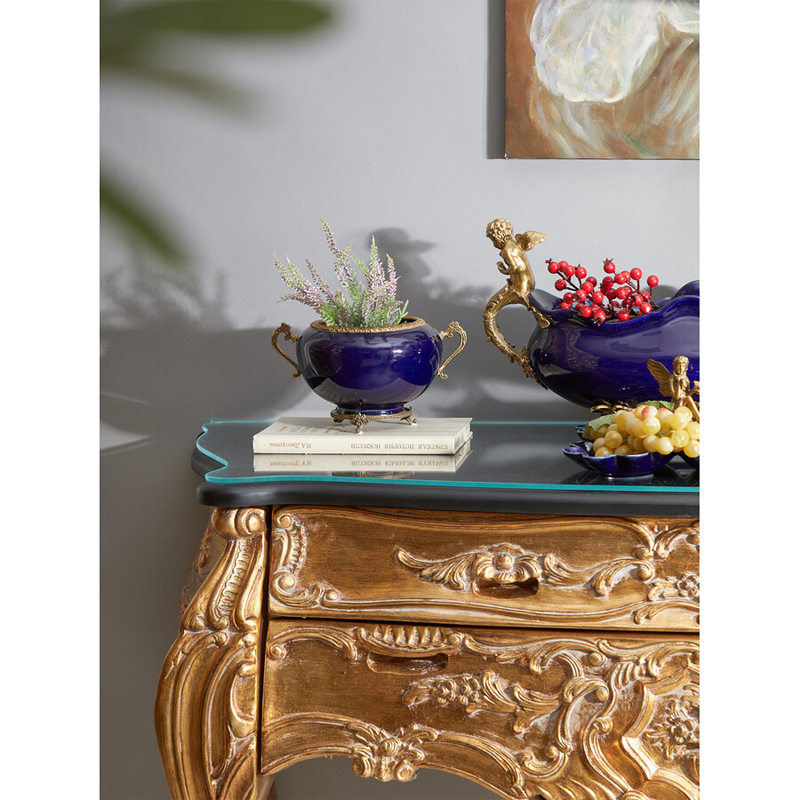 Чаша темно-синяя фарфоровая с бронзовыми ручками и ажурным ободком Eden Garden