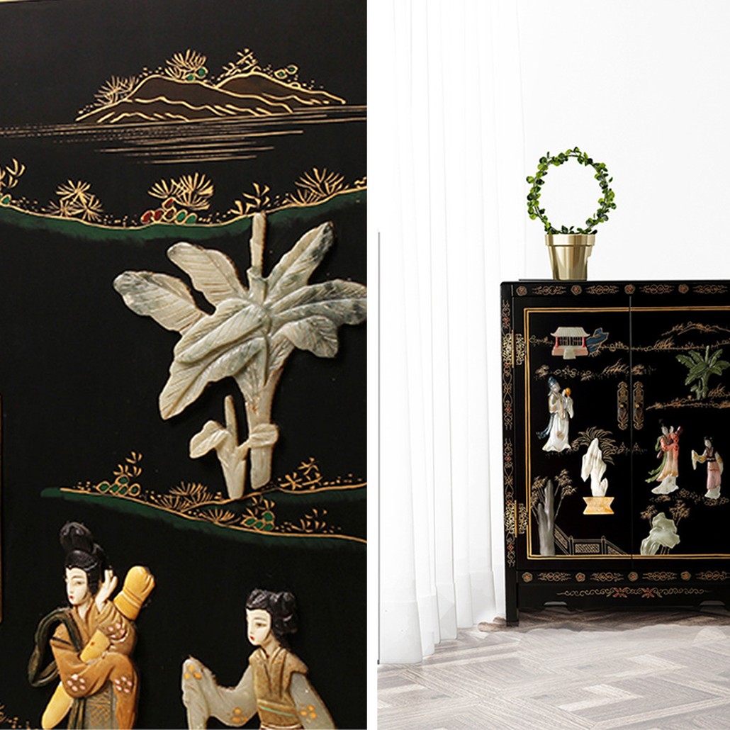 Черный Двухдверный Комод в Китайском стиле с каменным Барельефом Black Chinese Chest of drawers