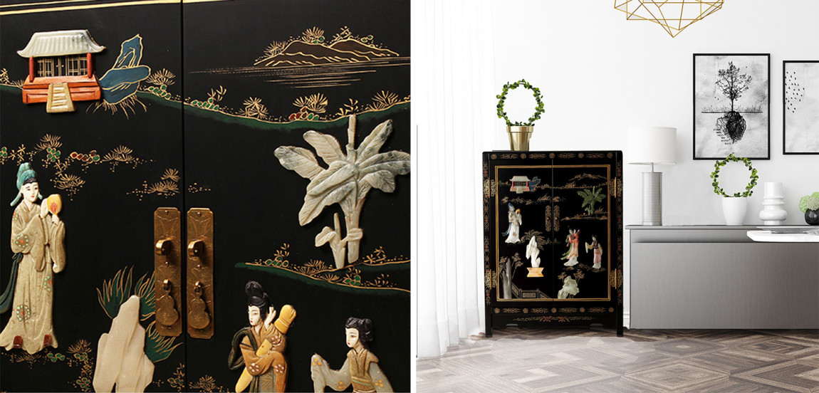 Черный Двухдверный Комод в Китайском стиле с каменным Барельефом Black Chinese Chest of drawers