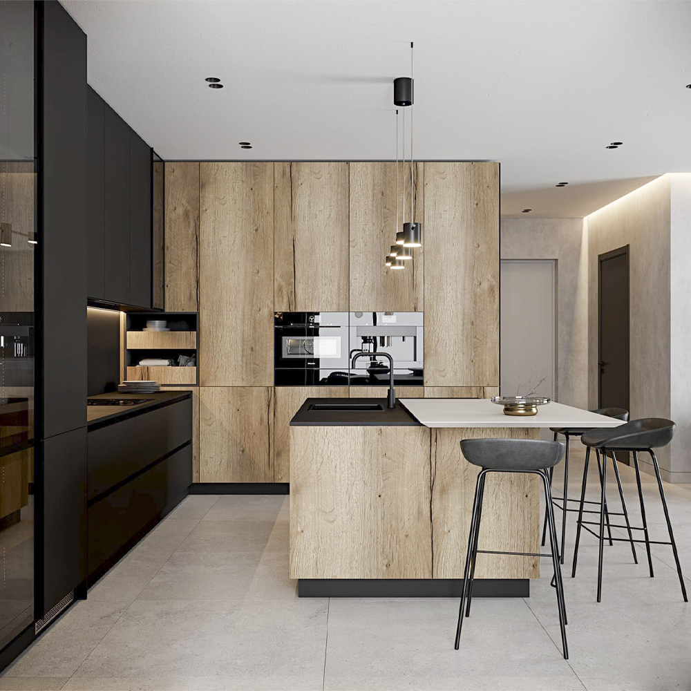 Черный матовый кухонный гарнитур с фасадом под дерево Axelle Kitchen Set
