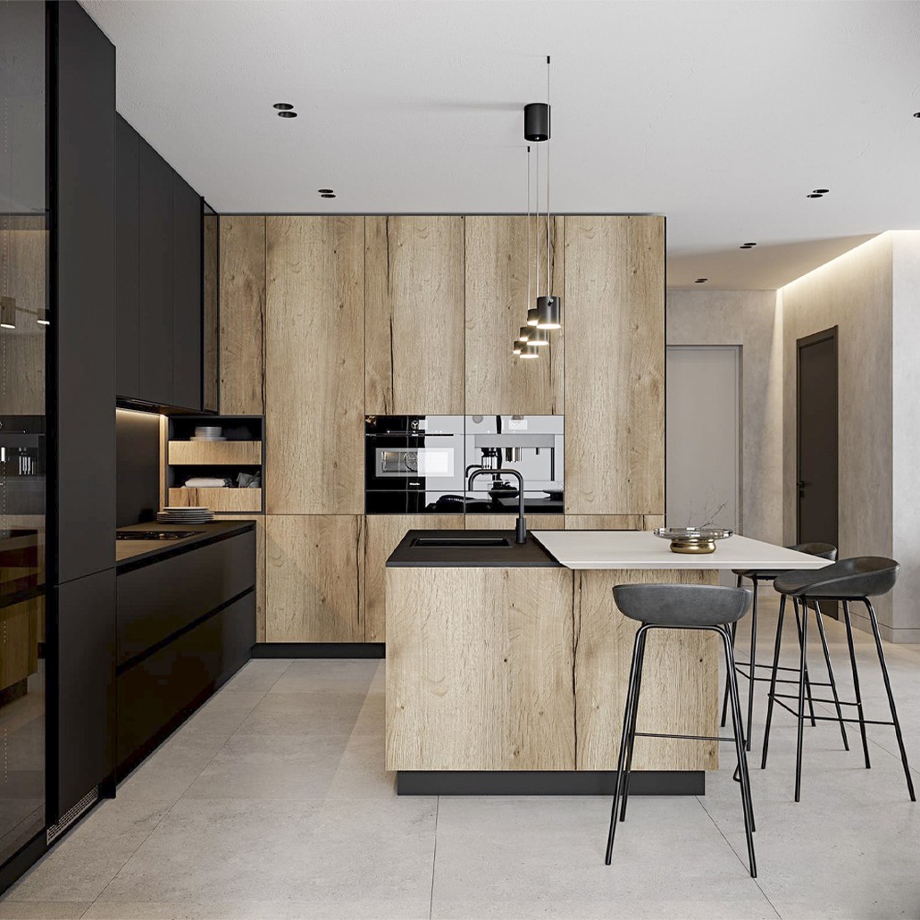 Черный матовый кухонный гарнитур с фасадом под дерево Axelle Kitchen Set