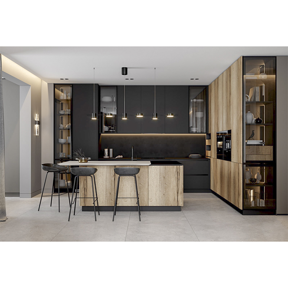 Черный матовый кухонный гарнитур с фасадом под дерево Axelle Kitchen Set