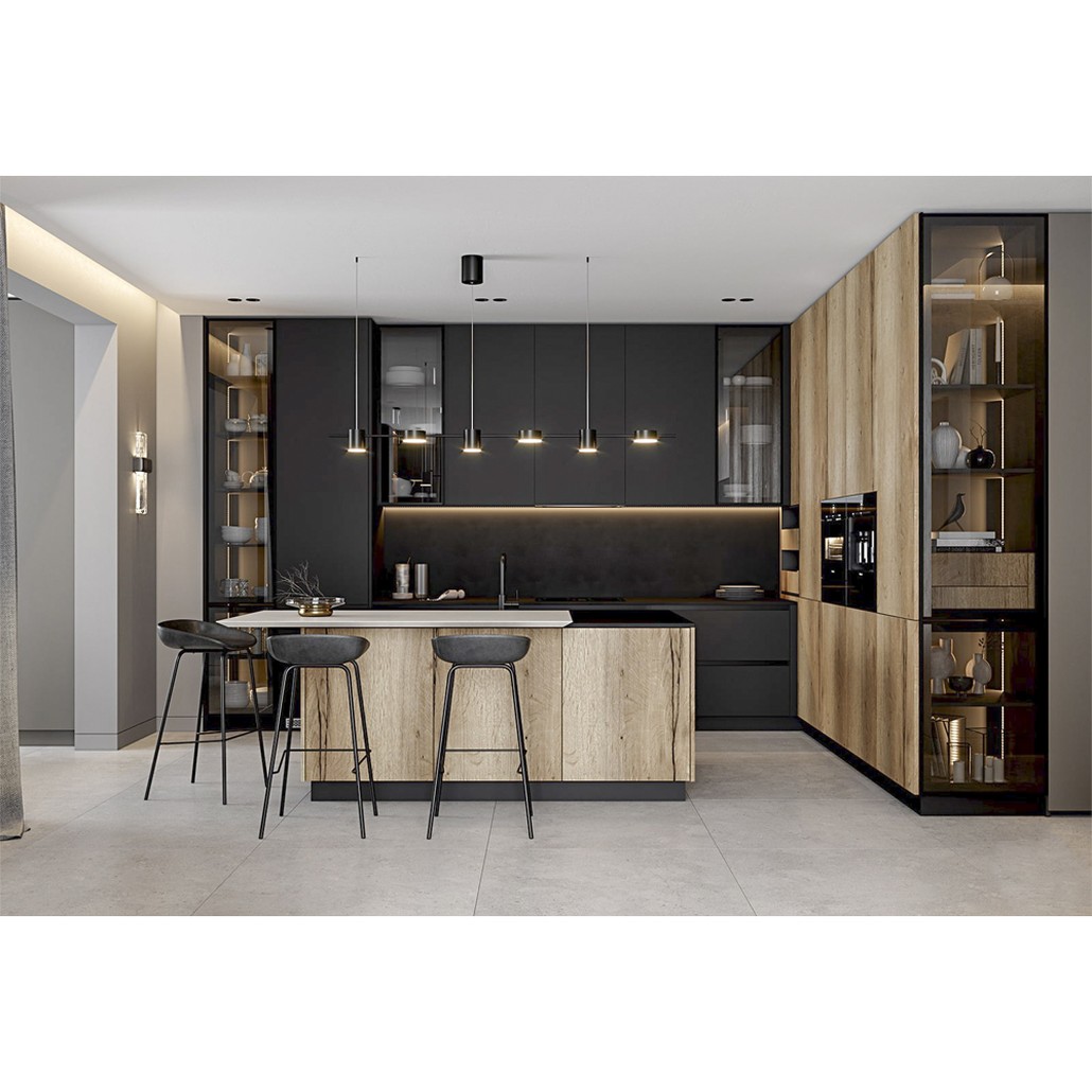 Черный матовый кухонный гарнитур с фасадом под дерево Axelle Kitchen Set