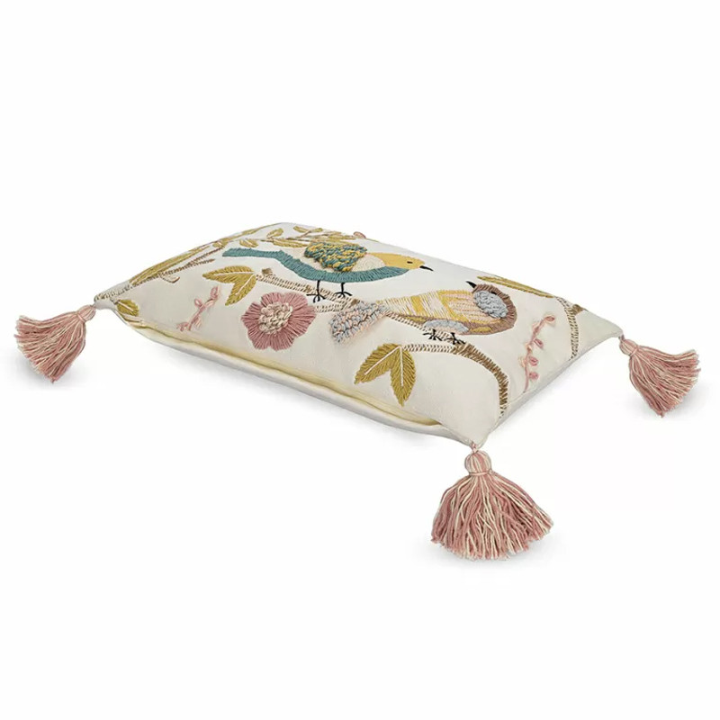Чехол на подушку с кисточками и вышивкой птиц Ethnic mix Birds Rect