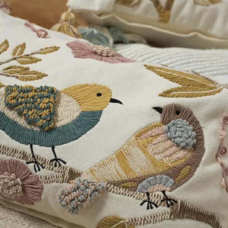 Чехол на подушку с кисточками и вышивкой птиц Ethnic mix Birds Rect