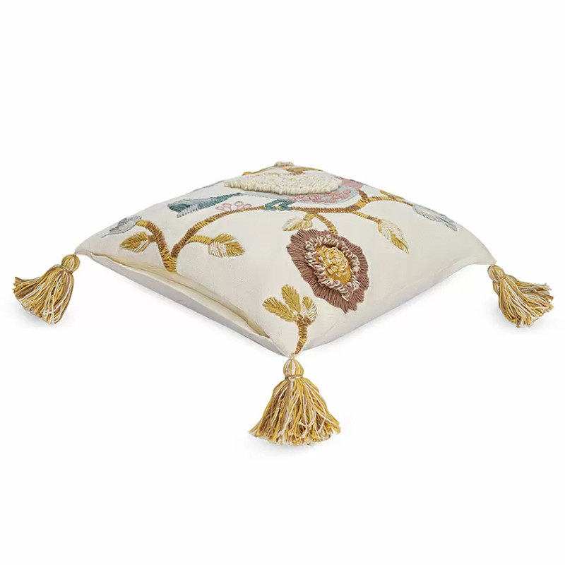 Чехол на подушку с кисточками и вышивкой птиц Ethnic mix Birds Square