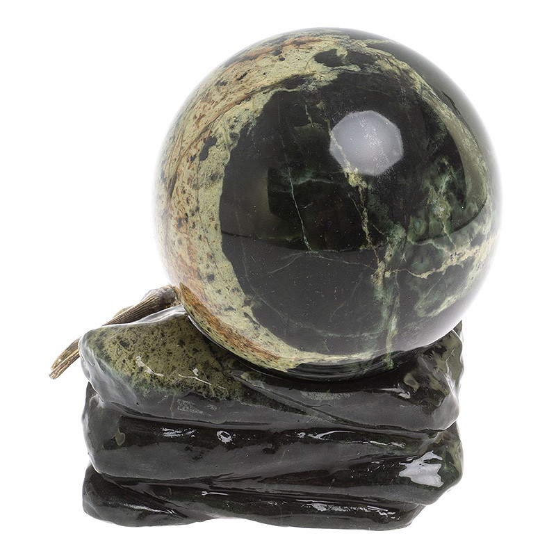 Шар с декором в виде бронзовой ящерицы на подставке из натурального камня Змеевик Natural Stone Spheres 10 см