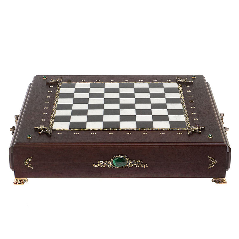 Шахматы в ларце из натуральных камней Долерит Малахит Мрамор Decorative Thematic Chess Русь