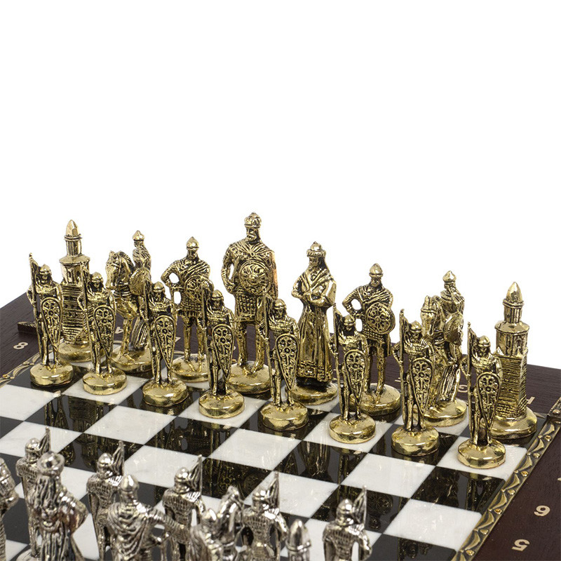 Шахматы в ларце из натуральных камней Долерит Малахит Мрамор Decorative Thematic Chess Русь