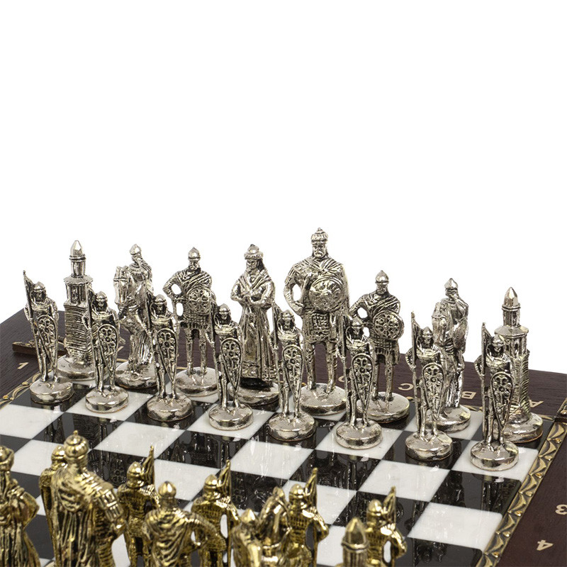 Шахматы в ларце из натуральных камней Долерит Малахит Мрамор Decorative Thematic Chess Русь