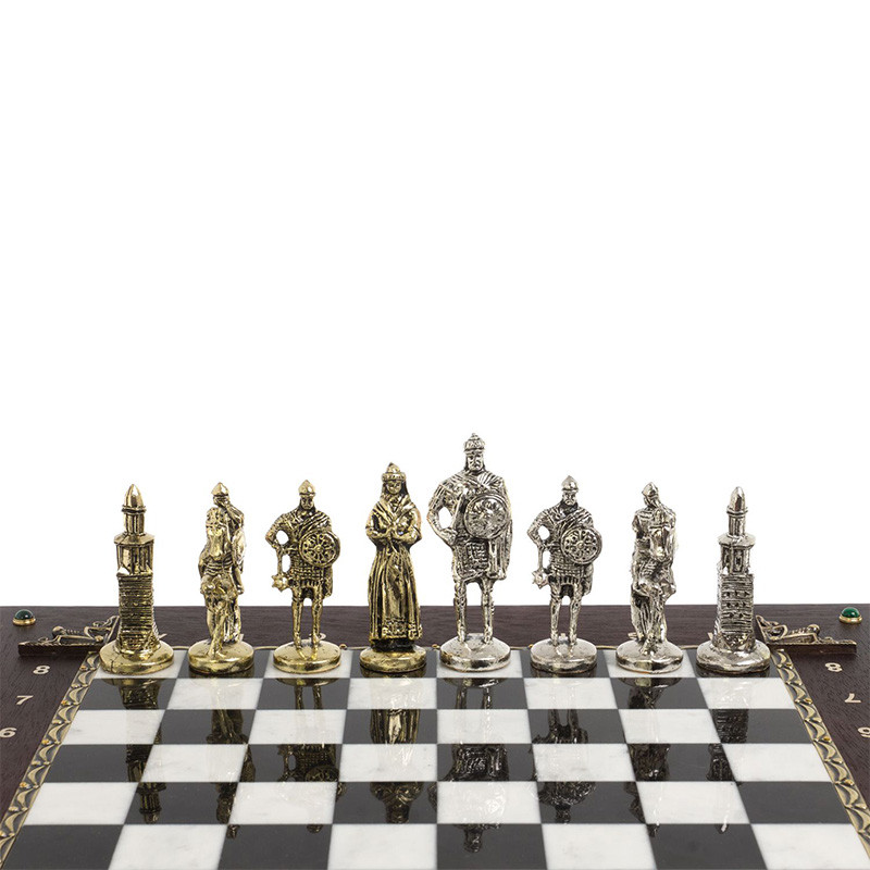 Шахматы в ларце из натуральных камней Долерит Малахит Мрамор Decorative Thematic Chess Русь