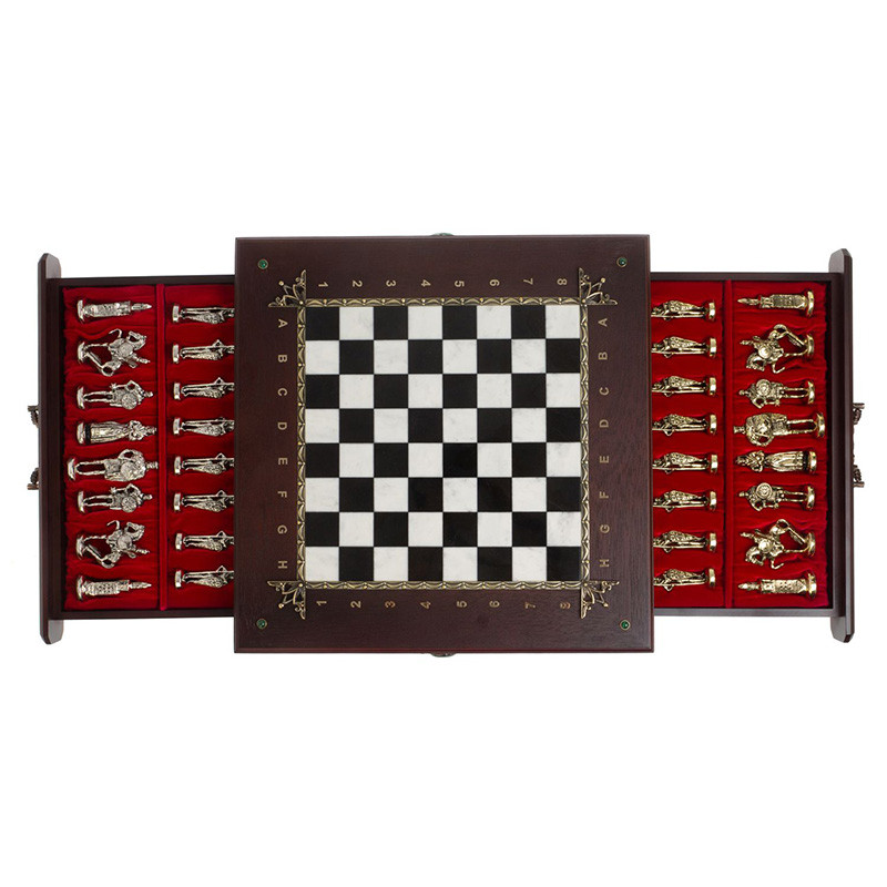 Шахматы в ларце из натуральных камней Долерит Малахит Мрамор Decorative Thematic Chess Русь