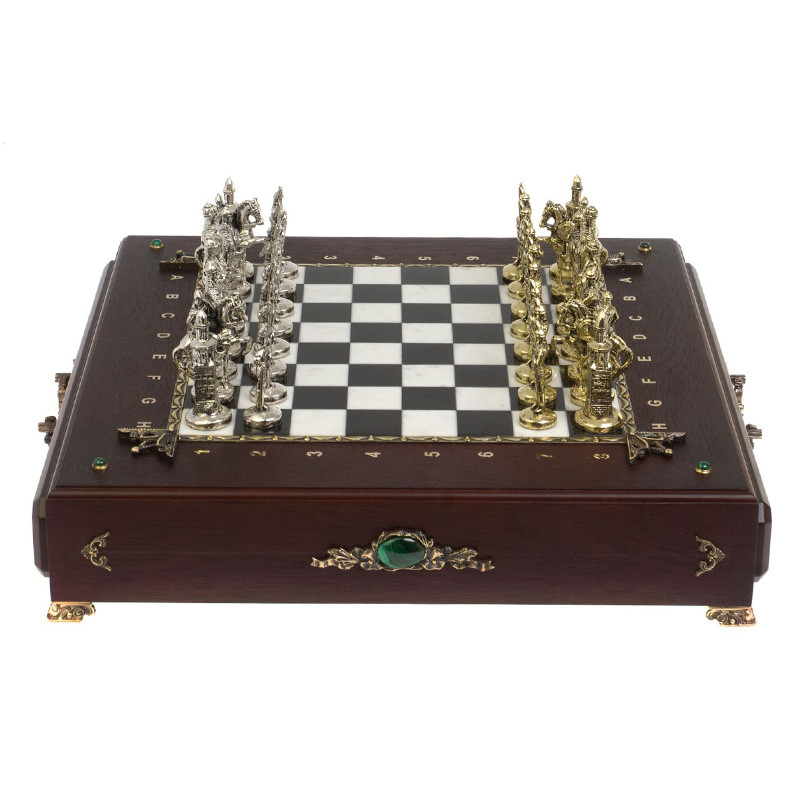 Шахматы в ларце из натуральных камней Долерит Малахит Мрамор Decorative Thematic Chess Русь