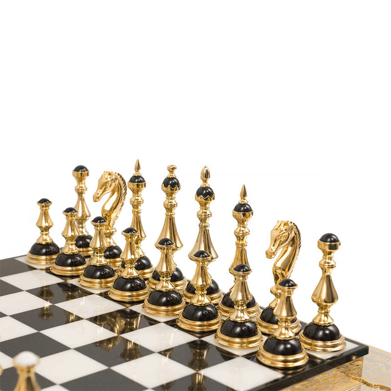 Шахматы из бронзы и натуральных камней Долерит и Мрамор с гравировкой Decorative Thematic Chess
