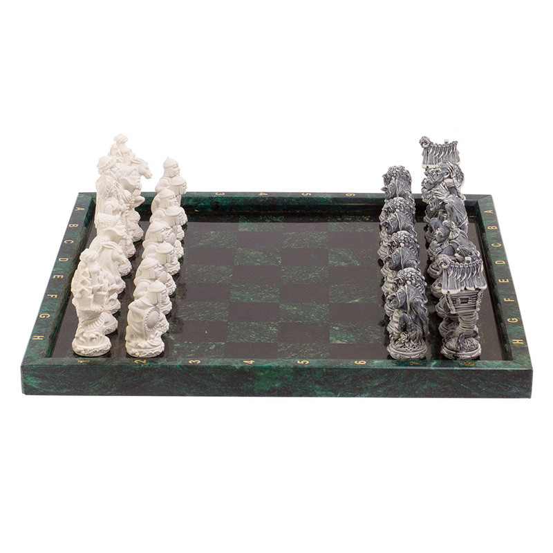 Шахматы Русские сказки с доской из натурального камня Змеевик Decorative Thematic Chess