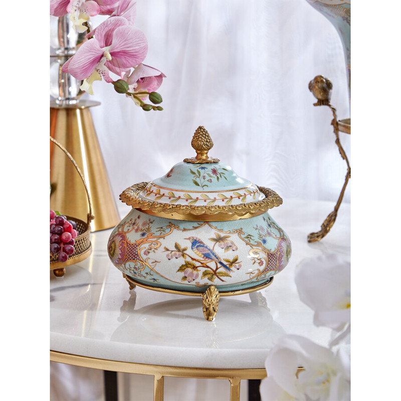 Шкатулка с крышкой из голубого фарфора с риунком птиц и цветов Blue Garden