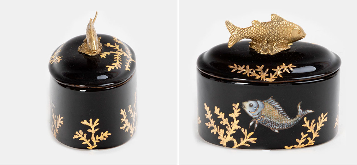 Шкатулка черная фарфоровая Золотая Рыбка Gold fish