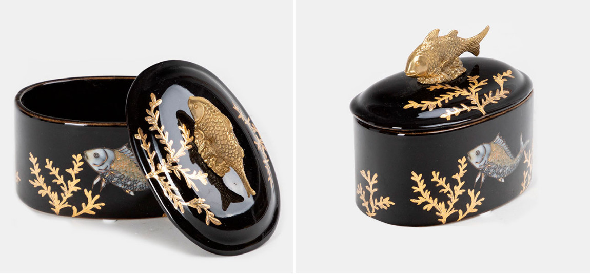 Шкатулка черная фарфоровая Золотая Рыбка Gold fish