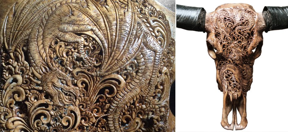 Череп буйвола Buffalo Skull Dragon резьба по кости