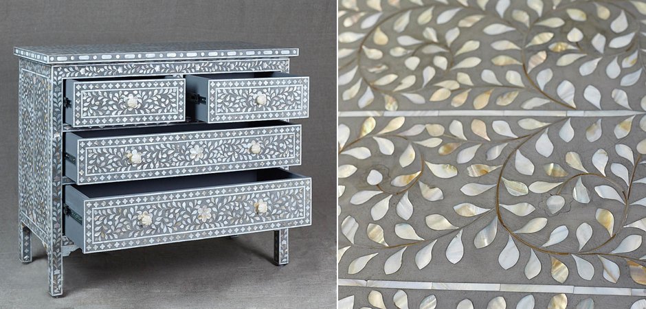 Комод инкрустация перламутром Inlaid Bone Grey Серый