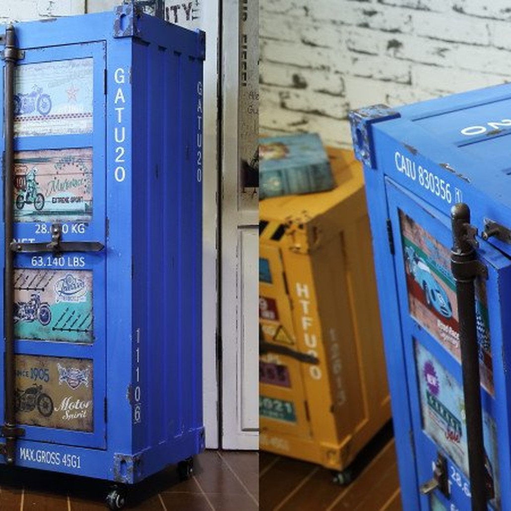 Синяя тумбочка контейнер Blue chest of drawers vintage Sea Container