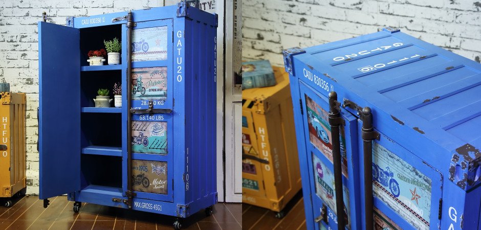 Синяя тумбочка контейнер Blue chest of drawers vintage Sea Container