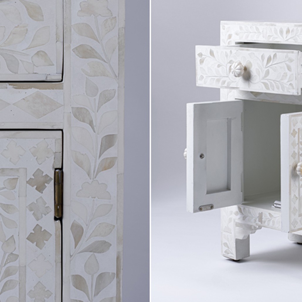 Тумбочка с инкрустацией BONE INLAY BEDSIDE Белая