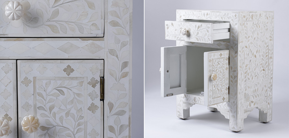 Тумбочка с инкрустацией BONE INLAY BEDSIDE Белая