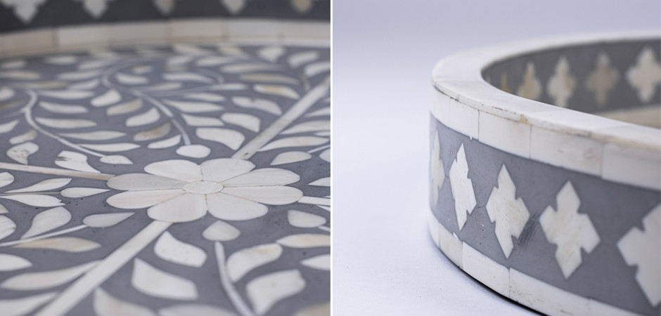 Круглый поднос Инкрустация костью Серый